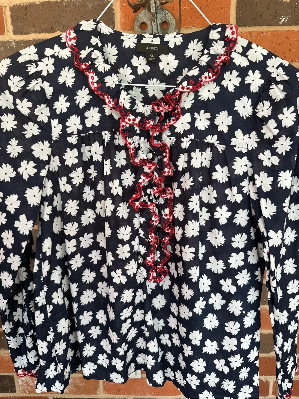 J. Crew Navy Floral Blouse with Red Embroidered Ruffle